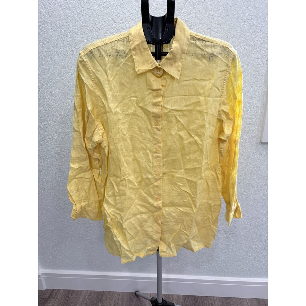 Sag Harbor 100% Linen Women's Open Weave Button Up 3/4 Sleeve Breezy Top 1X